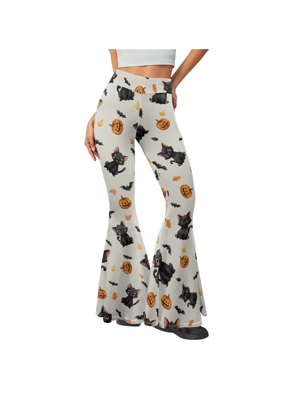 Halloween Cat Flare Yoga Pants for Women Soft Pumpkin Bat High Waist Workout Leggings for Party Holiday Clothes Tummy Control Butterfly Wide Leg Pants