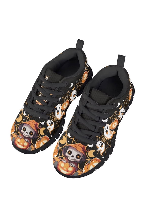 Halloween Ghost Skull Shoes for Kids Neon Pumpkin Walking Shoe Size 4 School Sneakers Boys Girls Lace up Mesh Athletic Sport Tennis Shoes Lightweight