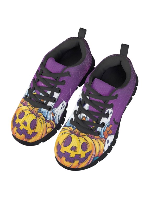 Halloween Pumpkin Running Shoes for Boys Size 3 Little Kids Slip on Sneakers Scary Ghost Athletic Shoes Breathable Lightweight Outdoor Hiking Tennis Sneaker