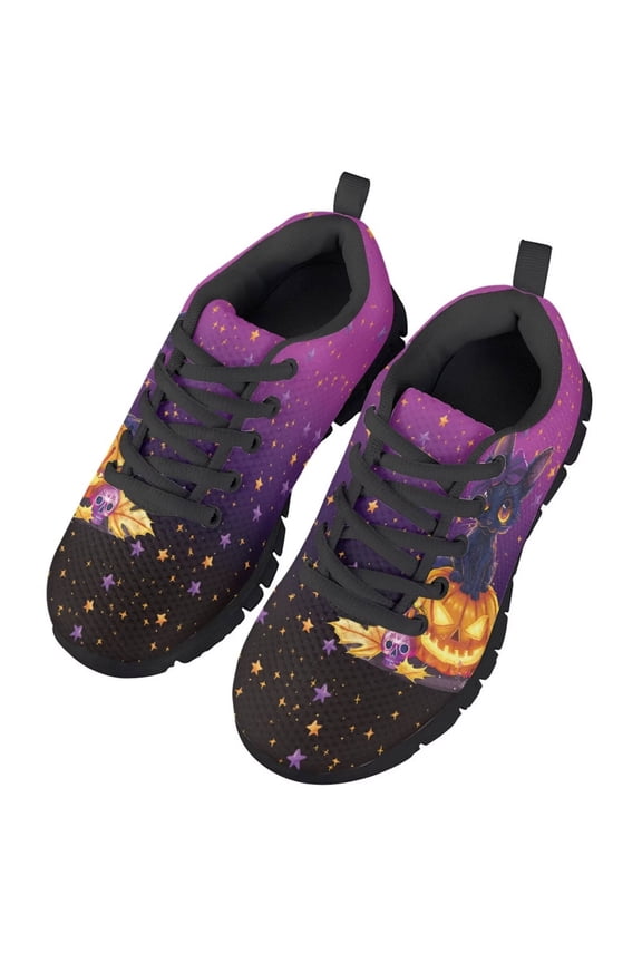 Halloween Shoes for Boys Girls Size 12.5 Non-Slip Athletic Casual Shoes with Cat Pumpkin Print Tennis Running Sport Sneakers Kids Lace up Trainer