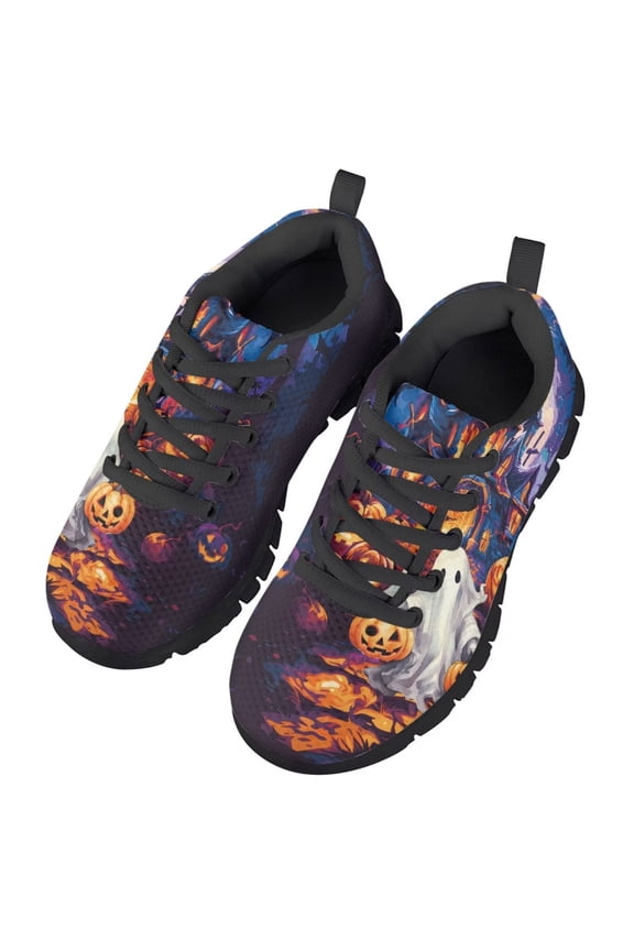 Halloween Shoes for Kids Boys Ghost Pumpkin Sneakers Non Slip Lace up Running Tennis Shoes Breathable Lightweight