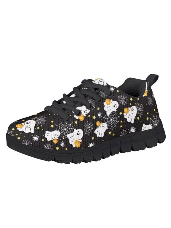 Halloween Sneakers Boys Girls Slip on Shoes 1 Ghost Cobweb Print Kids Knitted Athletic Sport Shoes Lightweight Breathable Fitness Sneakers