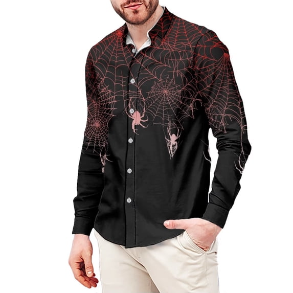 Chririnla Halloween Spider Web Shirt for Men Gradient Athletic Shirt Workout Casual Blouse Long Sleeve Tops Hawaiian Shirts Men's Breathable V-neck Travel T-shirt