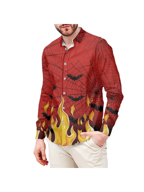 Halloween Spider Web Shirts for Men Bat Flame Button Down Shirts Comfy Long Sleeve Business Shirts Holiday Tops Plus Size M-3XL