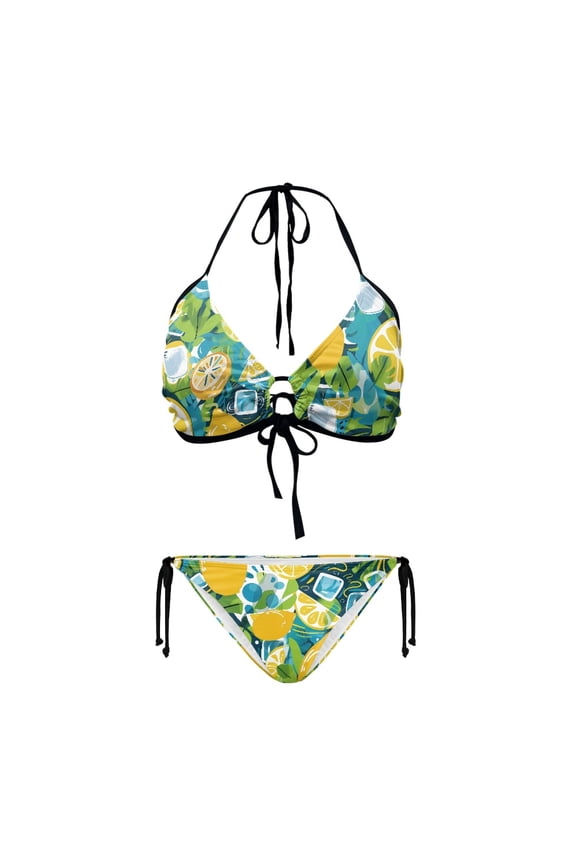 Hand-Drawn Lemon Tropical Leaf Print Halter Bikini Set - Sexy Two-Piece Triangle Swimsuit for Beach Vacation & Pool Parties | Quick Dry, Figure Hugging