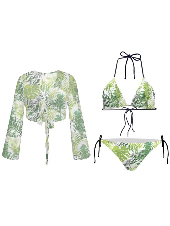 Hawaii Style Women’s Halter Triangle Bikini Sets 3Piece Palm Leaves Print Swimsuit with Tie Front Coverups Triangle Bikini Top and Bottom