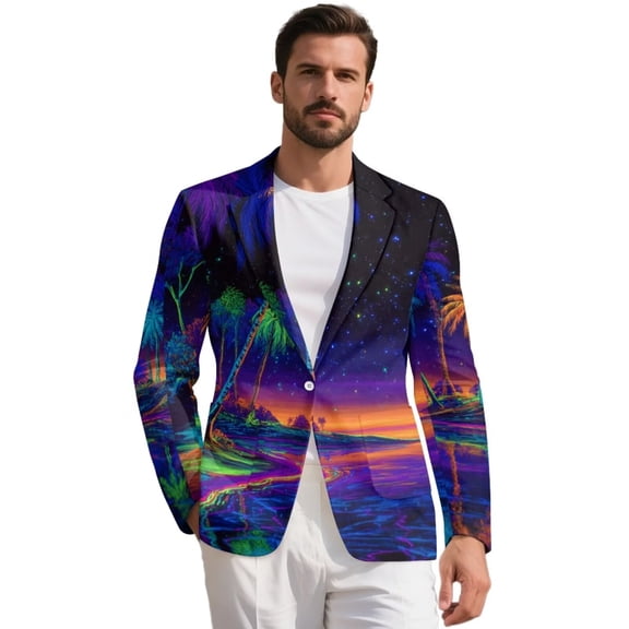 Chririnla Hawaiian Neon Palm Beach Print Mens Suit Jacket Fashion Blazer for Men Causal One Button Open Front Blazers Coat for Prom Dinner Wedding