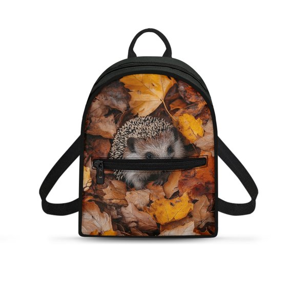 Chririnla Hedgehog Fall Leaves Pattern Mini Backpack, Lightweight Polyester Small Backpack for Daily Gym, Adjustable Strap Lightweight Travel Backpack