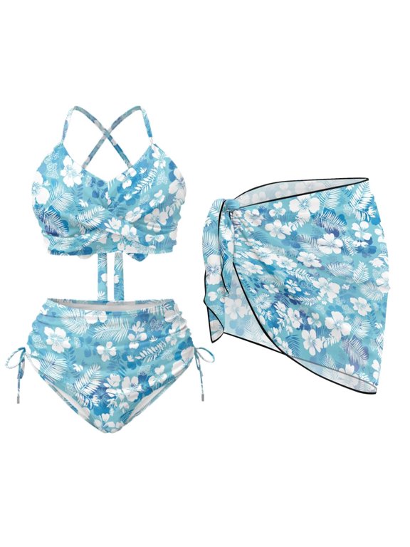 Hibiscus Women's Summer Beach Outfit 3 Piece Set: High Waisted Bikini + Chiffon Sarong - Tropical Trendy Halter Drawstring Tummy Control Swimsuit