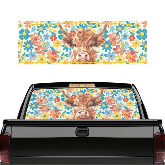 Chririnla Highland Cow Floral Pattern Truck Back Window Decal 66.9" x 22.4" Truck Rear Window Decal for Most Pickup Trucks, Vinyl Quick Install Car Rear Windshield Sunshade