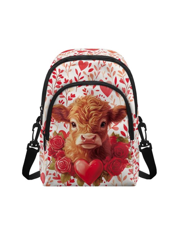 Highland Cow Hearts Roses Cell Phone Purse with Adjustable Strap 2 Zipper Pockets Small Crossbody Wallet for Travel, Polyester Small Crossbody Purse