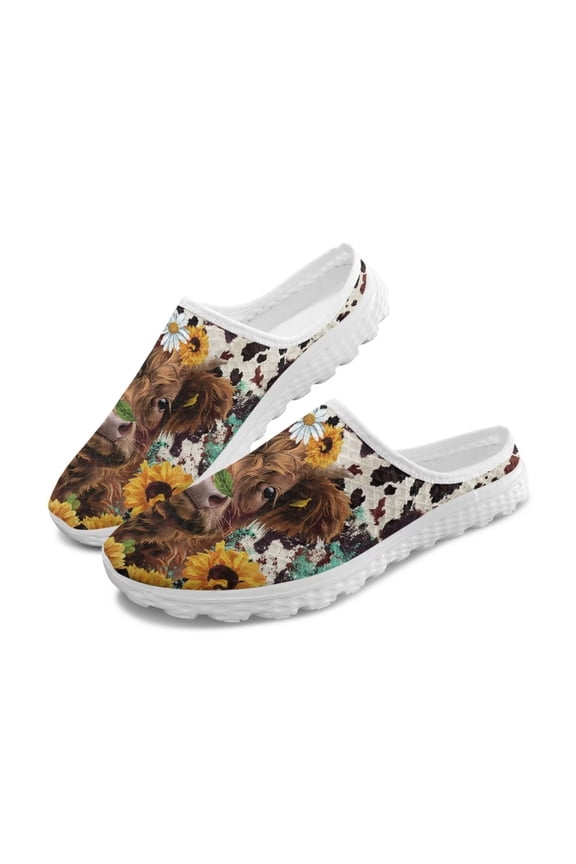 Highland Cow Slip On Shoes Womens Mules Mesh Walking Sneakers Slip-on Loafer Comfort Nurse Shoes Breathable Slippers Travel Outdoor Footwear