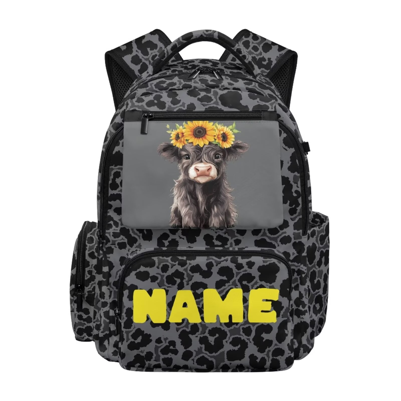 Chririnla Highland Cow Sunflower,Custom Name Print 17 Inch Backpack for Girls Boys Casual Laptop Bags Large Capacity Bookbag for Primary, Middle High Senior School