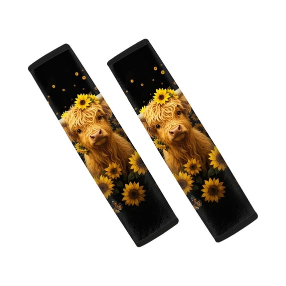 Chririnla Highland Cow Sunflower Print Harness Pad Waterproof Soft Car Seat Belt Pads Cover, Heat Insulation Magic Tape Compatible with Vans SUV Sedan