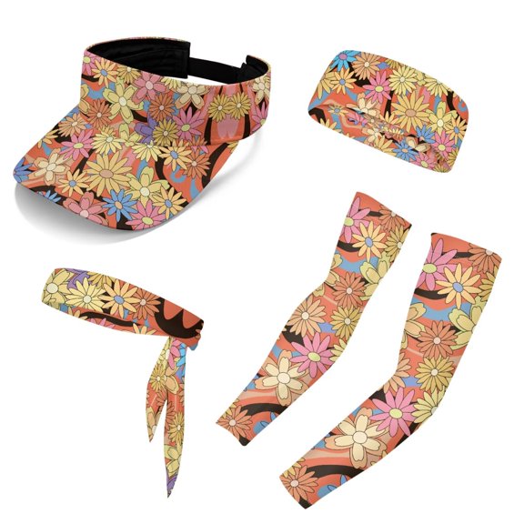 Chririnla Hippie Floral Athletic Visor Sun Sports Visor Hat Cap Headbands Arm Cooling Sleeves for Women 5 Pieces Sport Wear
