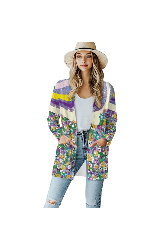 Hippie Flower Cardigan for Women Dressy Casual Lightweight Cardigans Long Sleeve Open Front Sweaters Flowy Tops Fall Dusters Decent Elegant Coat with Pockets