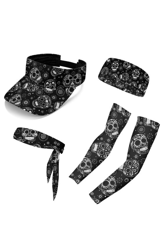 Hippie Skull Visor Hats for Mens Womens Gothic Athletic Caps Tennis Golf Visor Headband Arm Sleeve 5Piece Sun Protection Essentials