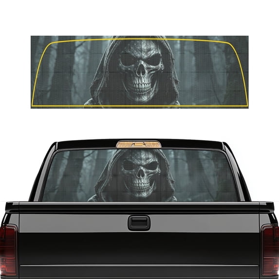 Chririnla Hooded Skull Truck Rear Window Decal 66.9 x 22.4 Inches, Perforated Fade Resistant Vinyl Decal for Most Pickup Trucks Personalized Decoration