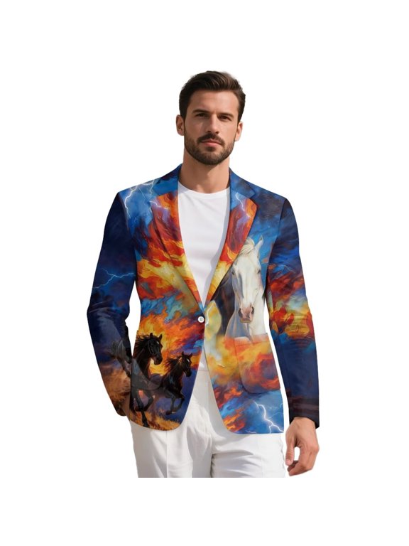 Horse Lighting Print Men's Blazers Regular Fit One Button Suit Jacket Notched Lapel Sport Coat with Pockets for Derby Party