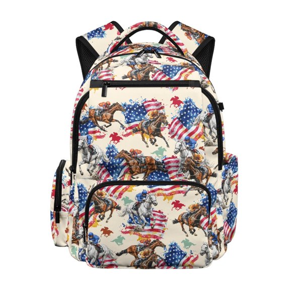 Chririnla Horse Racing Flag Print Design Lightweight Backpack for High School Back to School, Padded Multi-Pockets 600D Polyester Bookbag
