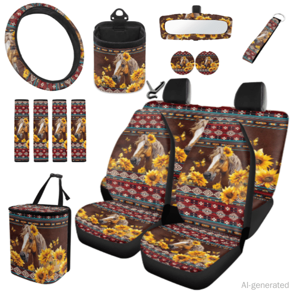 Chririnla Horse & Sunflower Decoration with Geometric Borders Automobile Seat Cover Sets, with Car Seat Covers Car Safety Belt Pad Water Cup Pad Car Organizer Bag Car Rear View Mirror Cover