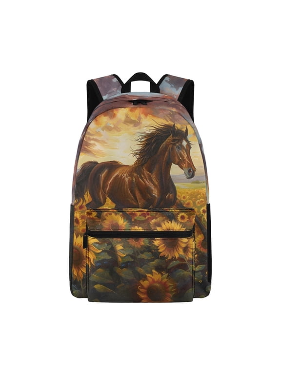 Horse Sunflower Painting Print Book Bag for School Boys and Girls 17 Inch Adjustable Straps Backpack for Kids,Back to School Gifts Book Bag