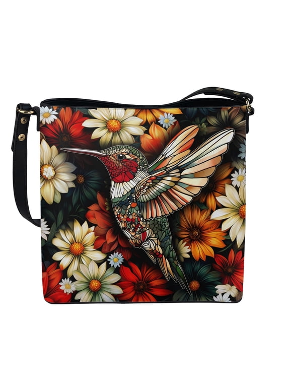 Hummingbird Floral Design PU Fabric Shoulder Bag, Crossbody Bag with Lightweight Tote Bag for Outdoor Activities Travel