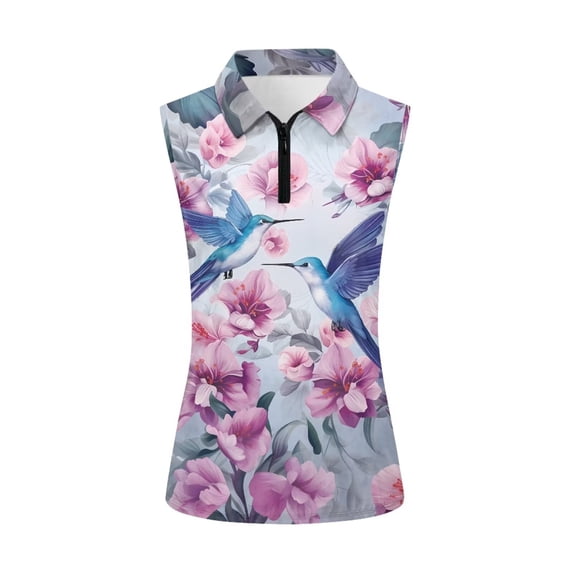 Chririnla Hummingbird Golf Shirt for Women's Sleeveless Tennis Collared Top Flower 1/4 Zip Quick Drying Golf Tank Tops Athletic Clothes for Ladies