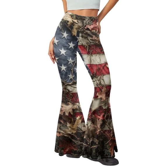 Chririnla Hunting Oak Leaves US Flag Flare Leggings for Women High Waisted Tummy Control Yoga Pants Butt Lift Butterfly Bootcut Wide Leg Bell Bottoms