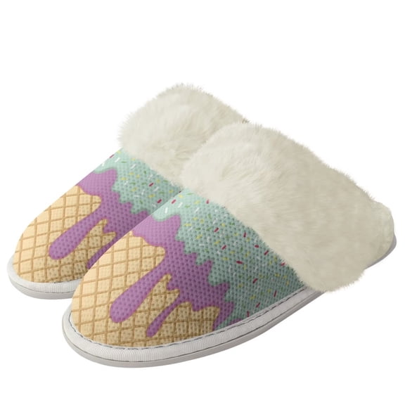 Chririnla Ice Cream Plush Slippers for Women Indoor Green Warm House Shoes Casual Fluffy Slippers Sneaker Slippers for Women