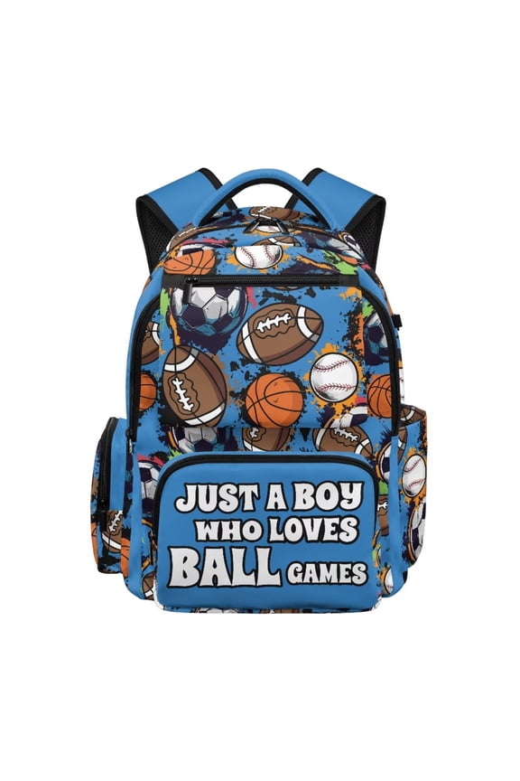 Just A Boy Ball Print Kids Backpack for Teen Boy Front Pocket Middle High Senior School Bookbag Large Capacity Backpack for Boys Ages 8-10