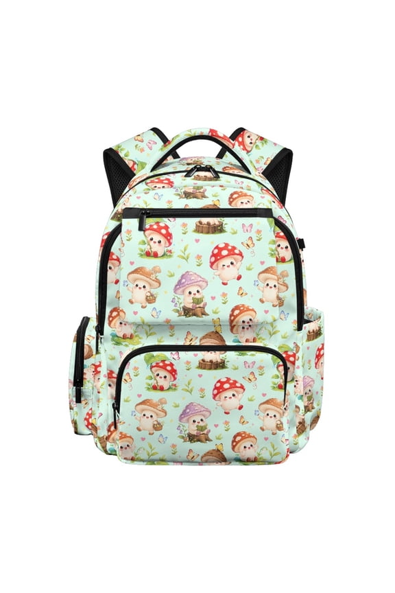 Kawaii 17 Inch Girls Backpack with Cute Mushroom Pattern, 600D Polyester Breathable Multi Pocket Bag for Elementary School