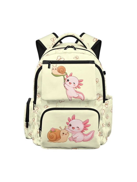 Kawaii 17 Inch School Backpack with Axolotl Snail Pattern, Large Capacity Durable Book Bag for School and Hiking