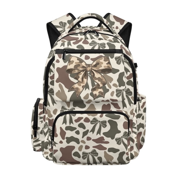 Chririnla Kawaii 17 Inch School Backpack with Camo Bow Pattern, Durable Multi Pocket Daypack for Daily Casual School Use