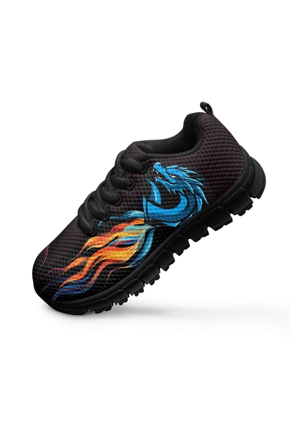 Kids Cool Shoes Boys Blue Dragon Flame Sneakers Size 12.5 Casual Mesh Lace up Trainer Anti-Slip Athletic Shoes for Tennis Running Hiking