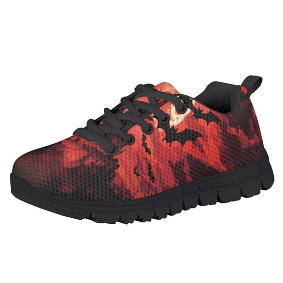 Chririnla Kids Halloween Shoes for Boys Size 11.5 Slip on Sneakers with Bat Blood Night Print Mesh Lace up Sports Athletic Shoes Anti Slip School Grade Sneaker