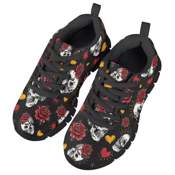 Chririnla Kids Sneakers Size 13 Skull Rose Print Athletic Running Shoes Boys Girls Lightweight Slip on Tennis Walking Jogging Shoes