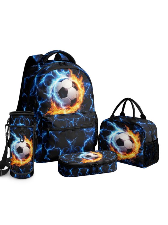 Kids Soccer Flame Backpack Lightning 4pcs School Bag Set for Boys Girls Bookbag with Insulated Thermal Cooler Lunch Box + Pencil Pen Case + Water Bottle Sleeve