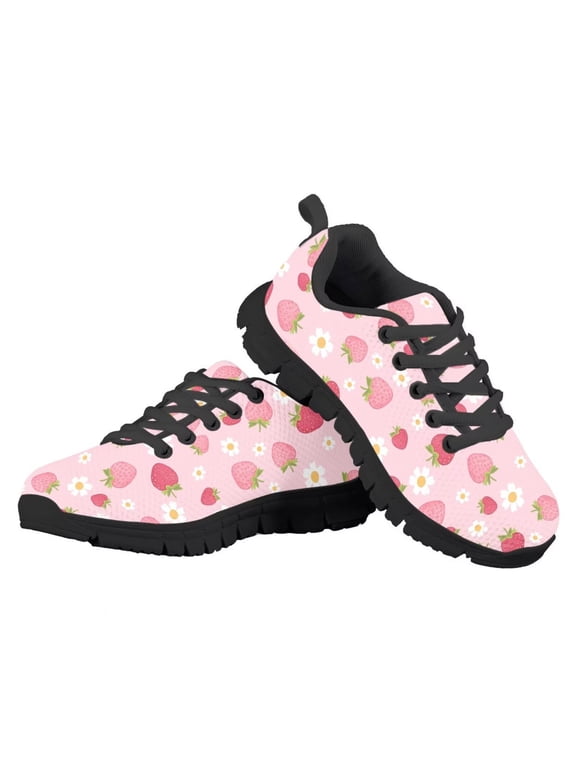 Kids Summer Shoes Boys Girls Lace up Sneakers Size 1.5 Red Strawberry Tennis Running Shoes Lightweight Athletic Sports Shoe with EVA Sole