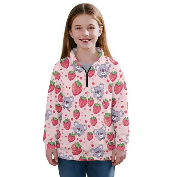 Chririnla Koalas Strawberry Kids Animal Hoodies Half Zipper Sweatshirt Pullover Sweatshirts Wolf Tiger Lion Rose Print Trendy Fall Winter Top Size 7-8
