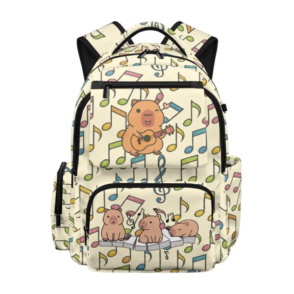 Chririnla Large Capacity Bookbag for School High School, 600D Polyester multi-tasche Kids School Bag, Capybara Music Notes Pattern