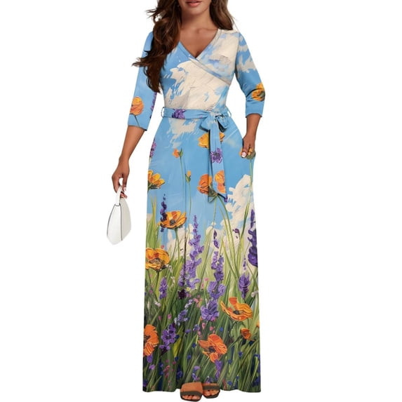 Chririnla Lavender Dress for Women Plus Size 3/4 Sleeve V-Neck Wrap Maxi Dresses Flowy Ankle Swing Dress Casual Sundress with Belt Size 3XL