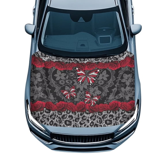 Chririnla Leopard Print Car Hood Cover Stretch Tear-Resistant Rose Car Bonnet Banner Accessories Decorations Fit Most Automotive Sedans Trucks, Easy to Install