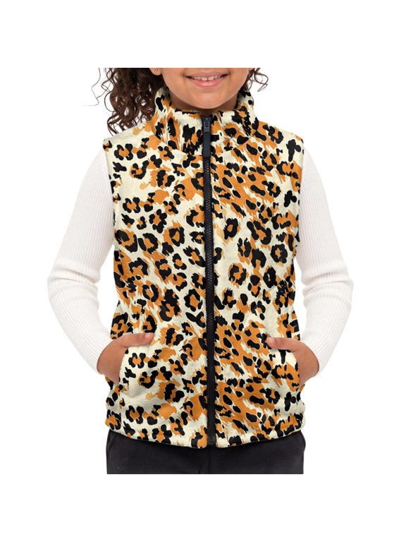 Leopard Print Kid Outerwear Vest, Stretch Polyester Warm Polar Fleece Sleeveless Vest with Pockets for Boys Girls Daily Wear and School