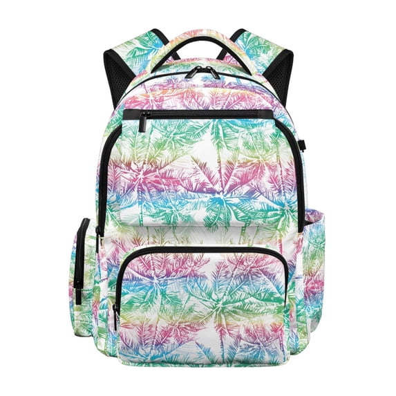 Chririnla Lightweight Backpack for Elementary School Middle School, 600D Polyester Multi Pocket Book Bag, Rainbow Palm Tree Pattern