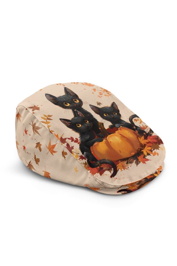 Lightweight Beret Hat for Driving Outings, Autumn Cat Pumpkin Pattern Polyester Soft Newsboy Hat Durable
