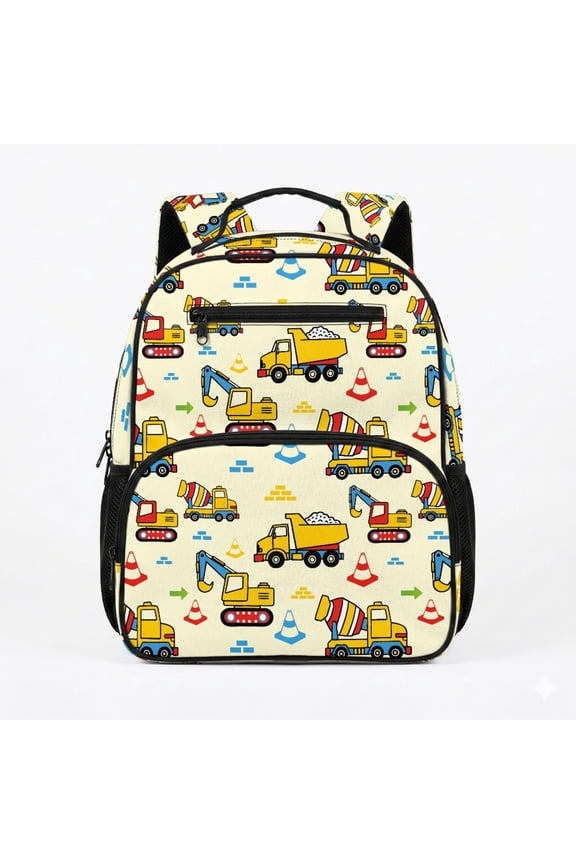 Lightweight Book Bag for School Outdoor, Construction Truck Pattern Large Capacity Kids Preschool Durable Polyester Backpack 13.5 Inch