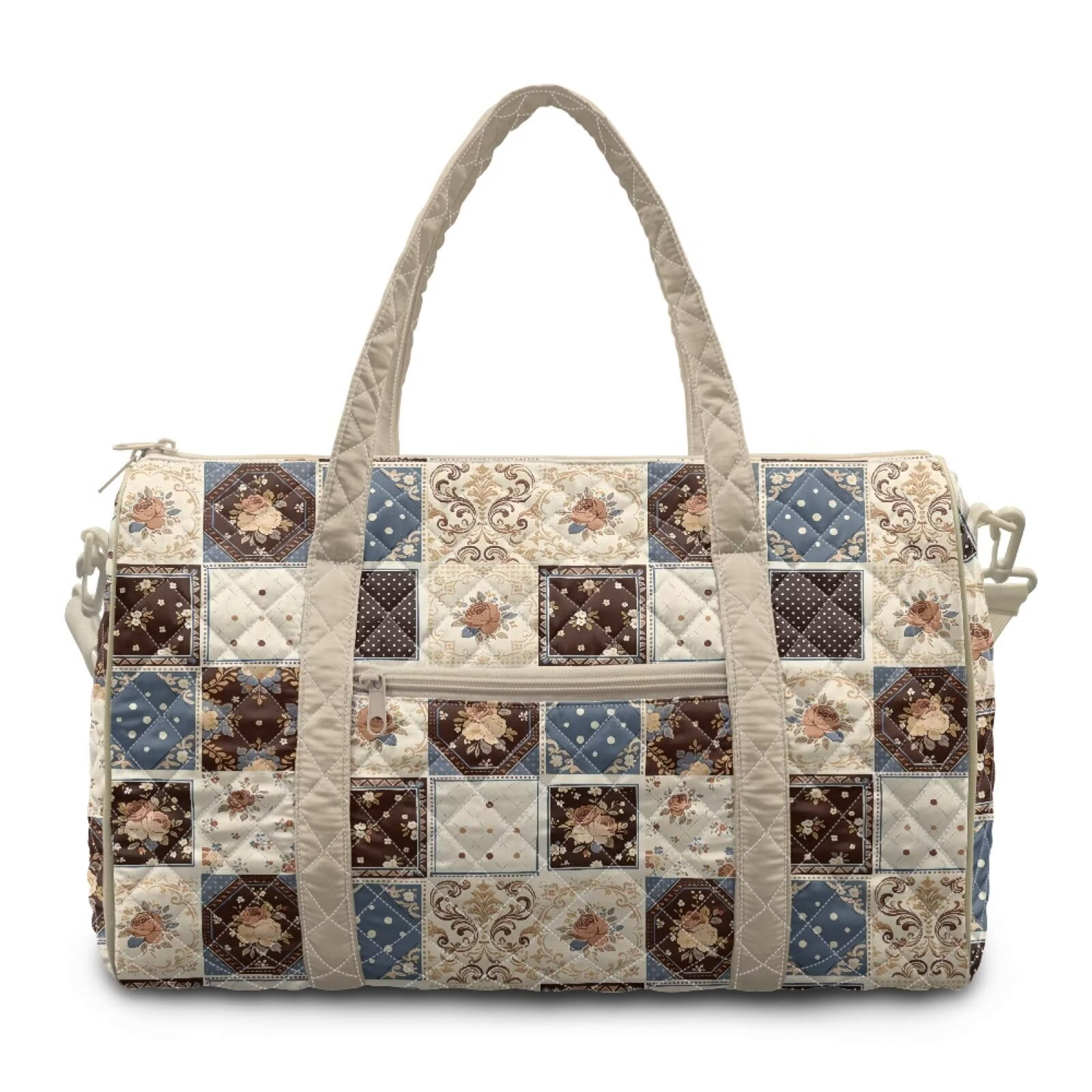 Chririnla Lightweight Fitness Bag for Women Large Capacity Athletic Duffle with Smooth Zipper & Luggage Handle Strap Fits Gym, Beige Floral Patchwork Print