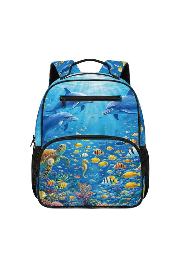 Lightweight Preschool Bookbag for Kindergarten Travel, Ocean Life Print Solid Preschool Toddler Backpack 13.5"