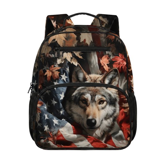 Chririnla Lightweight Preschool Kindergarten Bag for Daily Outdoor, Polyester Easy Clean Toddler Preschool Polyester Backpack, Wolf Flag